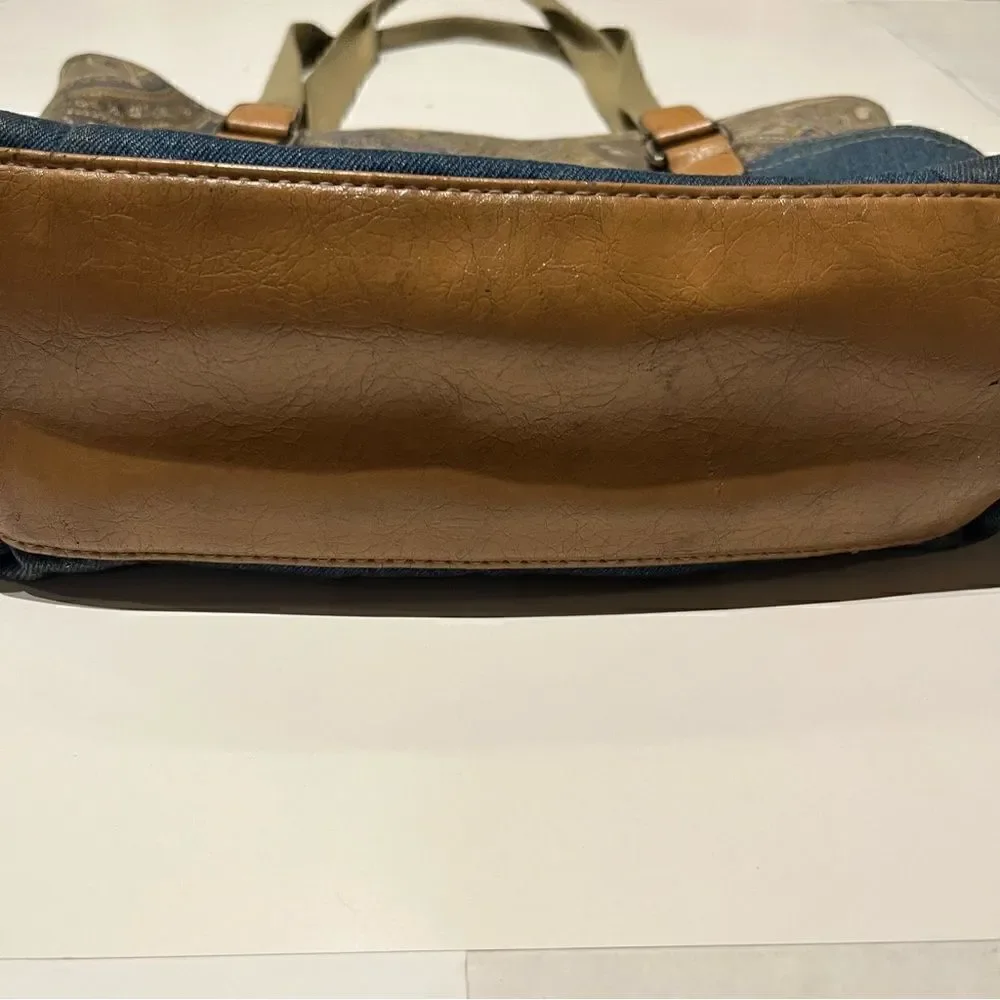 Women's Casual Faux Leather Blue Denim Messenger Bag with Paisley top